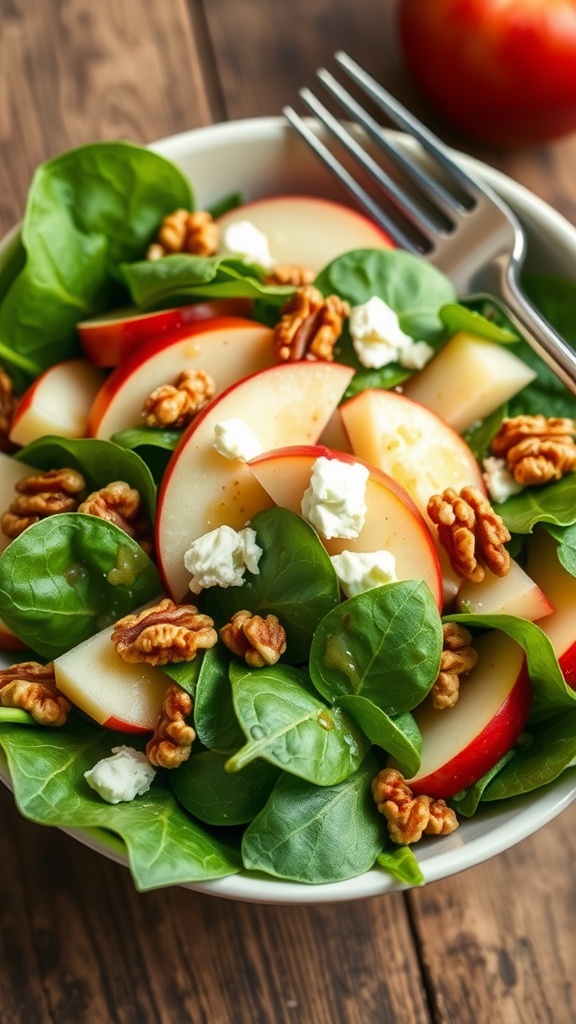 A fresh spinach and apple salad with walnuts and feta, served in a bowl on a rustic table.